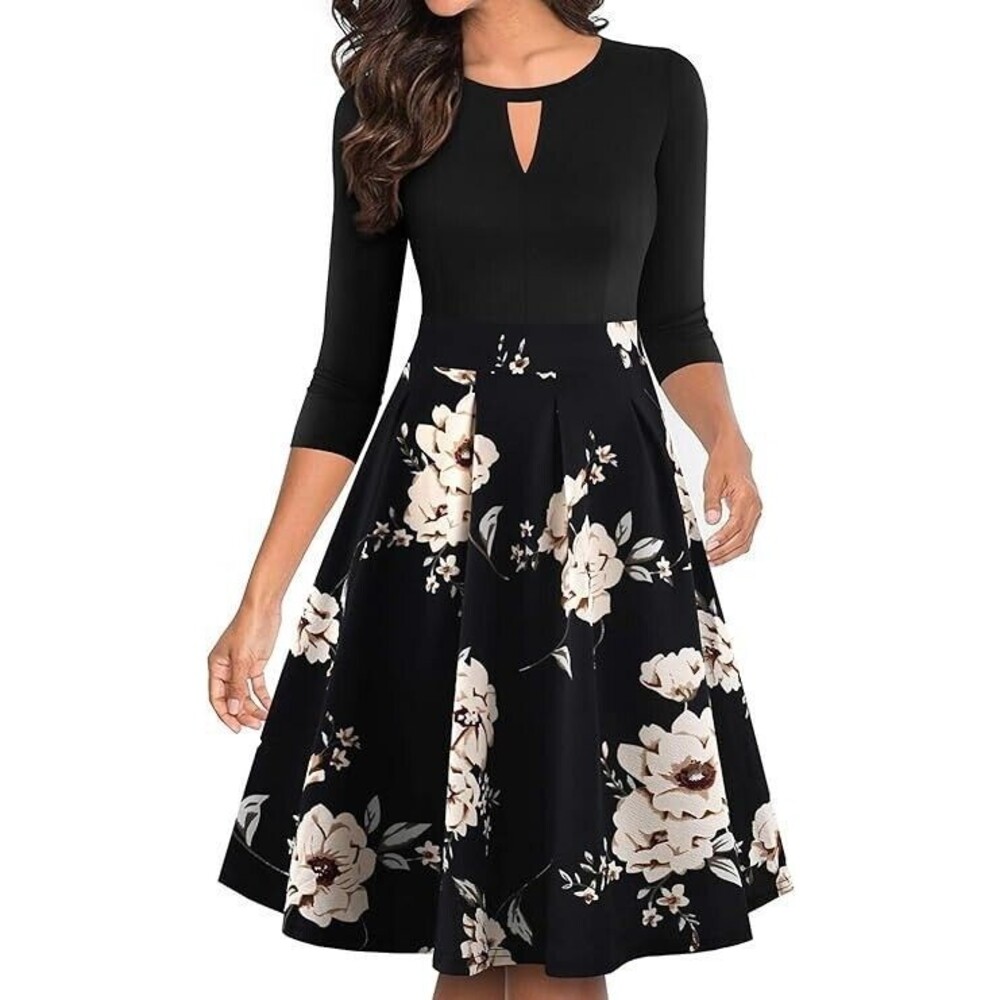 YATHON Vintage Floral Dress Flared A Line Swing Skirt Black Size XL New NWT